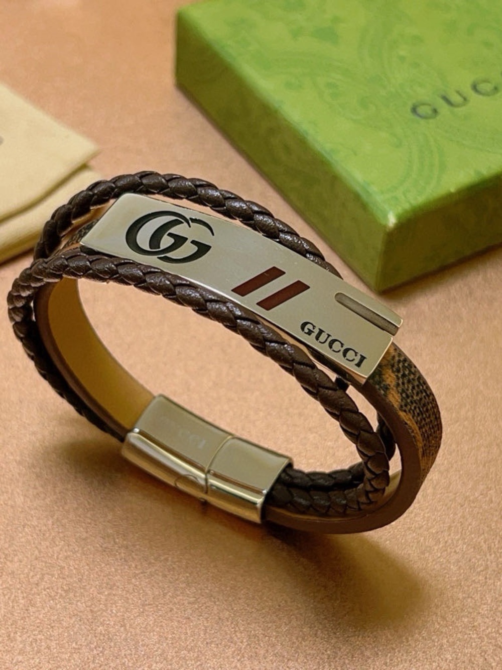 Gucci Brown Braided Leather Double Wrap Bracelet - Picture 4 of 6